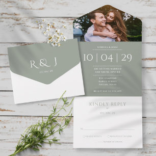 Invitation Tout En Un Sage Green Elegant Monogramme Photo Mariage Date