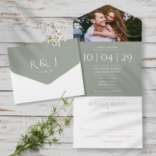 Invitation Tout En Un Sage Green Elegant Monogramme Photo Mariage Date