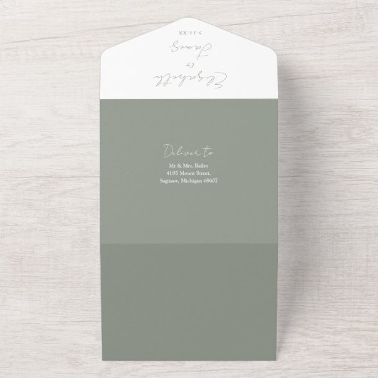 Invitation Tout En Un Sage Green Elegant Script QR Code Mariage (Dehors)
