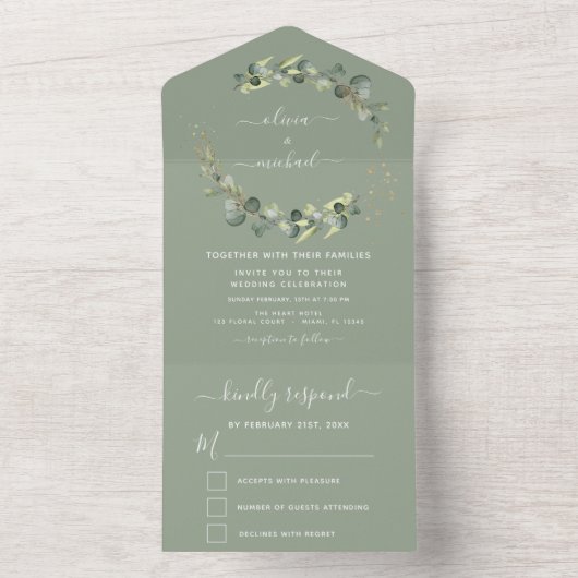 Invitation Tout En Un Sage Green Eucalyptus Verdure Mariage Élégant (À l'intérieur)