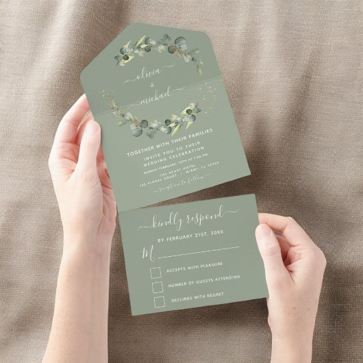 Invitation Tout En Un Sage Green Eucalyptus Verdure Mariage Élégant