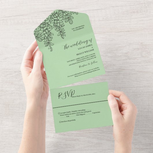 Invitation Tout En Un Sage Green Fern Mariage (Déchirure)
