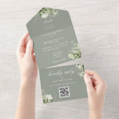 Invitation Tout En Un Sage Green Floral Greenery QR Code Mariage (Déchirure)