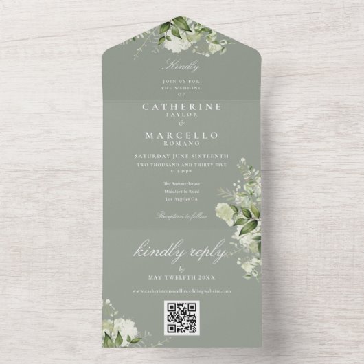 Invitation Tout En Un Sage Green Floral Greenery QR Code Mariage (À l'intérieur)