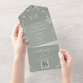 Invitation Tout En Un Sage Green Floral Monogramme QR Code Mariage (Déchirure)