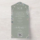 Invitation Tout En Un Sage Green Floral Monogramme QR Code Mariage (À l'intérieur)