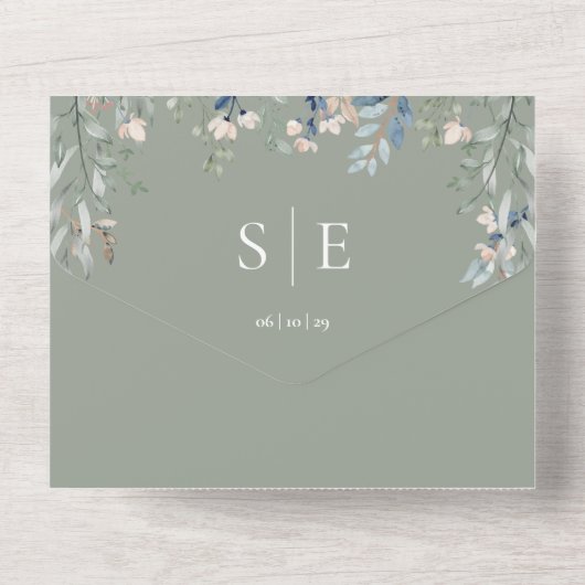 Invitation Tout En Un Sage Green Floral Monogramme QR Code Mariage (Verso)