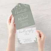Invitation Tout En Un Sage Green Floral Script Monogramme Mariage (Déchirure)