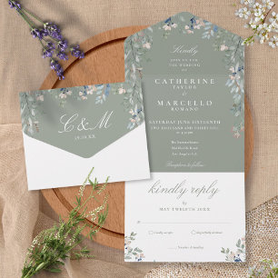 Invitation Tout En Un Sage Green Floral Verdure Cascade Mariage