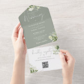 Invitation Tout En Un Sage Green Foliage QR Code Monogramme Mariage (Déchirure)