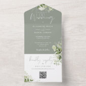 Invitation Tout En Un Sage Green Foliage QR Code Monogramme Mariage (À l'intérieur)
