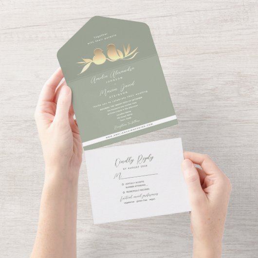 Invitation Tout En Un Sage Green Gold Lovebirds Wedding (Déchirure)