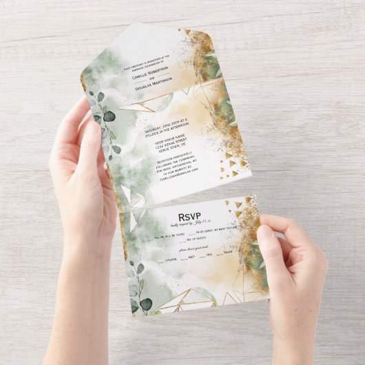 Invitation Tout En Un Sage Green Leaves and Gold Dust Wedding | (Déchirure)