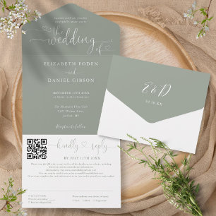 Invitation Tout En Un Sage Green Minimaliste Script QR Code Mariage