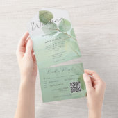 Invitation Tout En Un Sage Green Modern Eucalyptus QR Code (Déchirure)