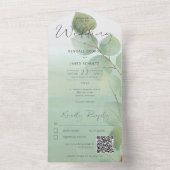 Invitation Tout En Un Sage Green Modern Eucalyptus QR Code (À l'intérieur)