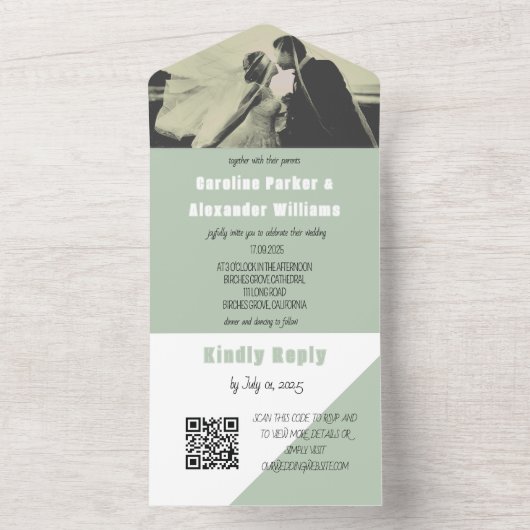 Invitation Tout En Un Sage Green Modern Simple QR Code Gras Photo (À l'intérieur)