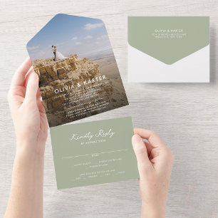 Invitation Tout En Un Sage Green Modern Simple Romantique Mariage photo