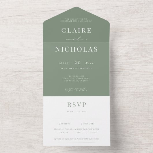 Invitation Tout En Un Sage Green Moderne Mariage élégant (À l'intérieur)