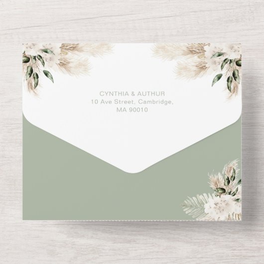Invitation Tout En Un Sage Green Pampas Aquarelle Mariage Floral (Verso)