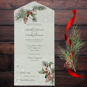 Invitation Tout En Un Sage Green Pine & Holly dans la neige
