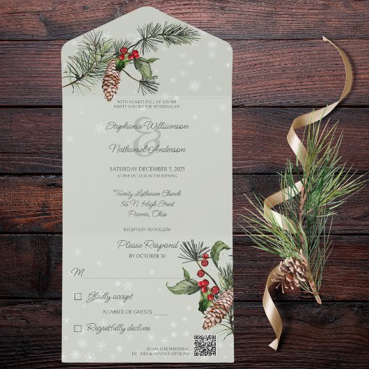 Invitation Tout En Un Sage Green Pine & Holly dans Snow QR Code