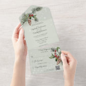 Invitation Tout En Un Sage Green Pine & Holly dans Snow QR Code (Déchirure)