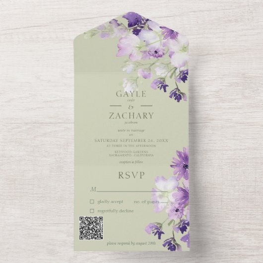 Invitation Tout En Un Sage Green Purple Boho Floral QR Code (À l'intérieur)