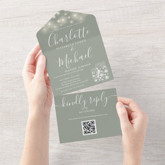 Invitation Tout En Un Sage Green QR Code Mason Jar String Mariage (Déchirure)