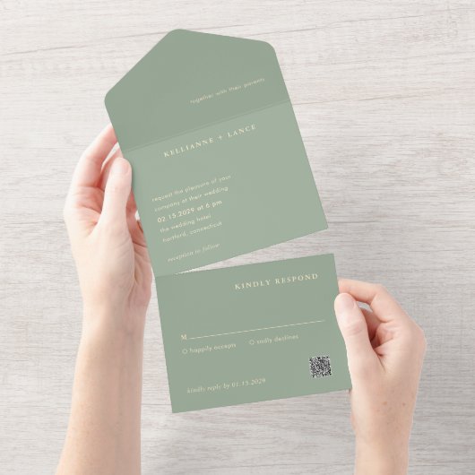 Invitation Tout En Un Sage Green QR Code Simple Modern Wedding (Déchirure)