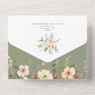 Invitation Tout En Un Sage Green QR RSVP Floral Gold Foil Mariage d'hive