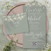 Invitation Tout En Un Sage Green String Lights QR Code Monogramme Mariag