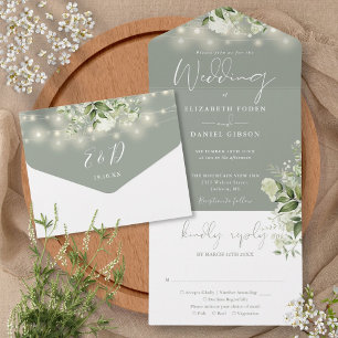 Invitation Tout En Un Sage Green String Lights Verdure Monogramme Mariag