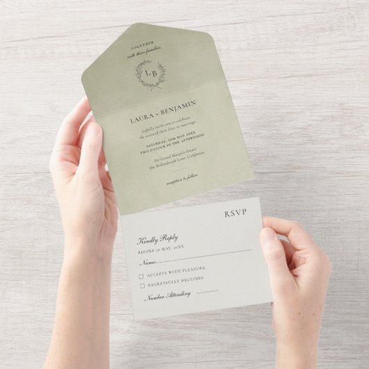 Invitation Tout En Un Sage Green Velvet, Laurel Wreath Wedding (Déchirure)