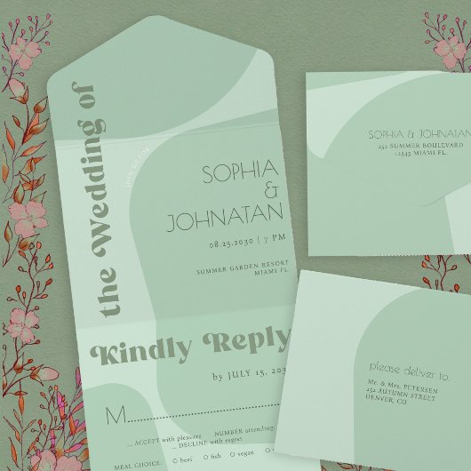 Invitation Tout En Un Sage green vibes rétro hardi typographie mariage