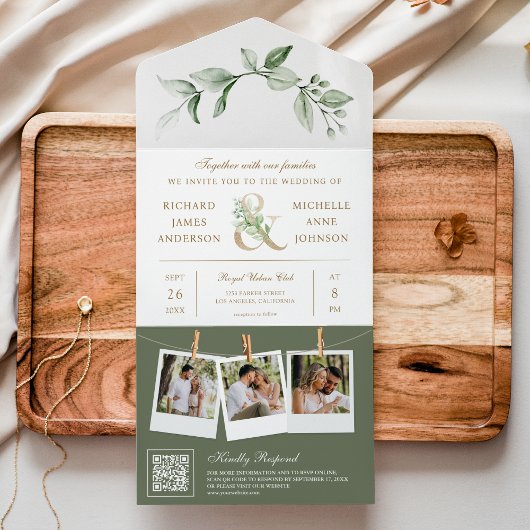 Invitation Tout En Un Sage Greenery Gold Ampersand QR Code Mariage