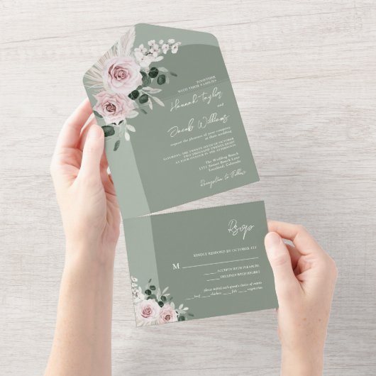 Invitation Tout En Un Sage Greenery Rose Floral Dusty Rose Mariage (Déchirure)