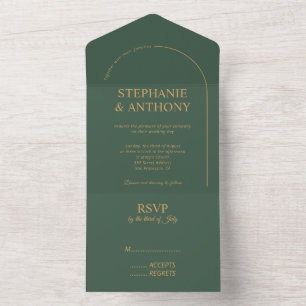 Invitation Tout En Un Sage minimaliste moderne et or avec Mariage d'arc