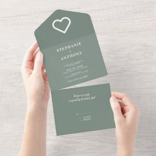 Invitation Tout En Un Sage minimaliste vert et Mariage blanc