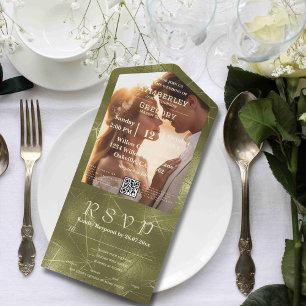 Invitation Tout En Un Sage Olive Green Shimmer Lines Photo QR Code