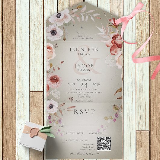 Invitation Tout En Un Sage romantique Vert et rose Floral QR Code