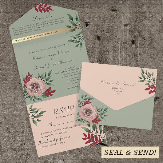 Invitation Tout En Un Sage rustique et Mariage floral rose