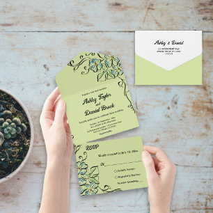 Invitation Tout En Un Sage Vert Bleu Roses Simple Moderne Floral Mariage
