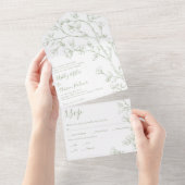 Invitation Tout En Un Sage vert et blanc ligne d'art fleurs mariage tous (Déchirure)
