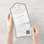 Invitation Tout En Un Sage vert et blanc Monogramme minimum QR Code (Déchirure)