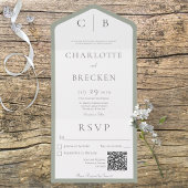 Invitation Tout En Un Sage vert et blanc Monogramme minimum QR Code