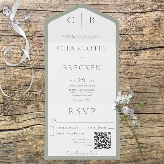 Invitation Tout En Un Sage vert et blanc Monogramme minimum QR Code