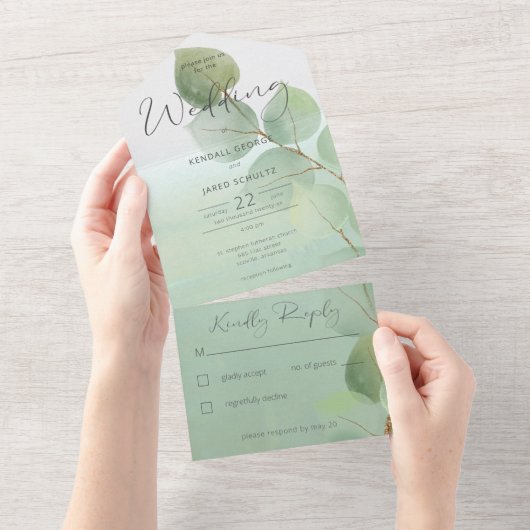 Invitation Tout En Un Sage Vert Moderne Eucalyptus Pas De Dîner (Déchirure)