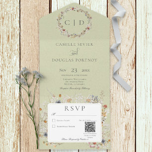 Invitation Tout En Un Sage Vert Vintage Romantique Fleur sauvage QR Code