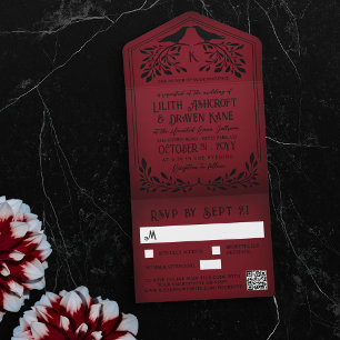 Invitation Tout En Un Sang Rouge noir corbeau Monogramme Goth Mariage